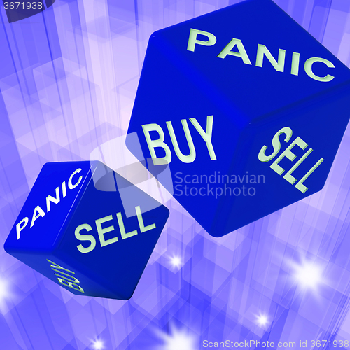 Image of Panic, Buy, Sell Dice Background Showing International Transacti