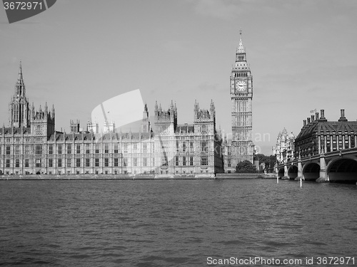 Image of Black and white Houses of Parliament in London