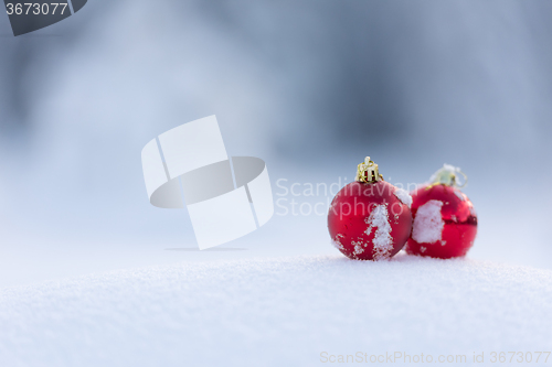 Image of red christmas balls in fresh snow