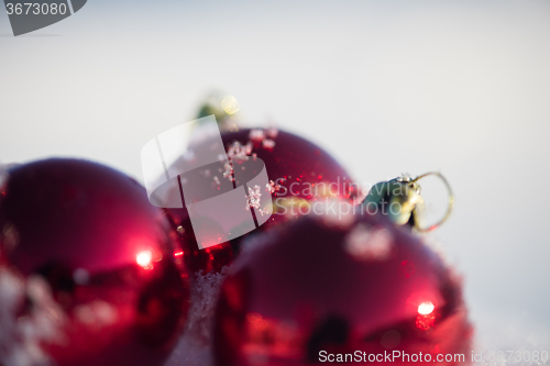 Image of red christmas ball in fresh snow