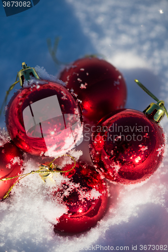 Image of red christmas ball in fresh snow