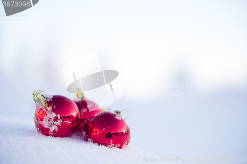 Image of red christmas ball in fresh snow