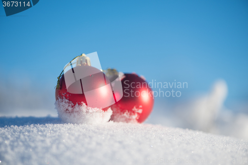 Image of red christmas ball in fresh snow