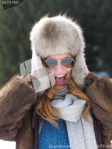 Image of portrait of beautiful young redhair woman in snow scenery