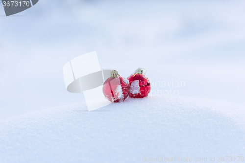 Image of red christmas balls in fresh snow