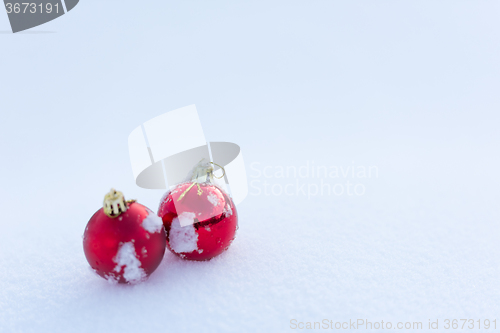 Image of red christmas balls in fresh snow