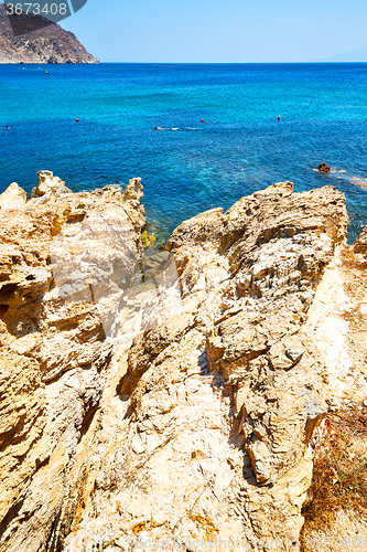 Image of in greece the mykonos island rock   beach blue    