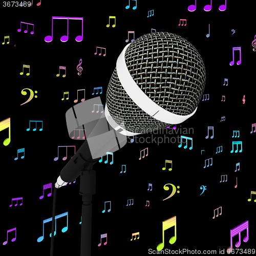 Image of Microphone Closeup With Music Notes Shows Songs Or Hits