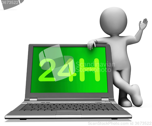 Image of 24h Laptop And Character Shows All Day Service On Web