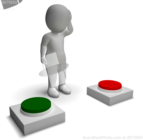 Image of Choice Of Pushing Buttons 3d Character Showing Indecision