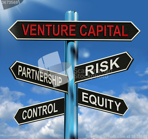 Image of Venture Capital Signpost Shows Partnership Risk Control And Equi