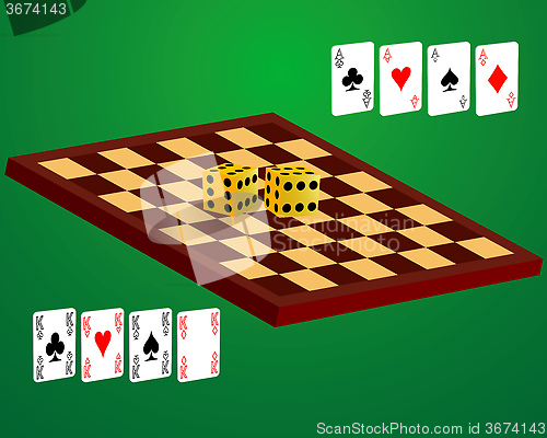 Image of chess board playing cards and dice