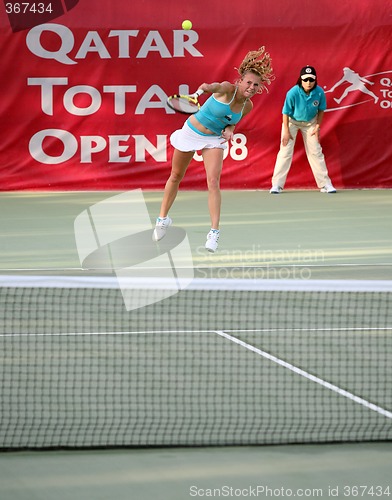Image of Wozniacki serves during Qatar Open 2008
