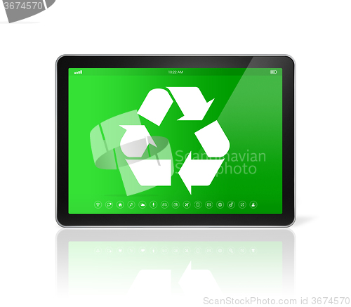 Image of Digital tablet PC with a recycling symbol on screen. environment