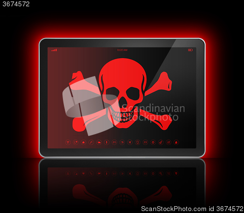 Image of Digital tablet with a pirate symbol on screen. Hacking concept