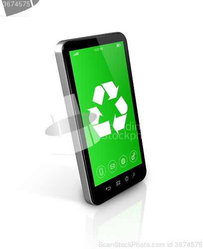 Image of Smartphone with a recycling symbol on screen. environmental cons
