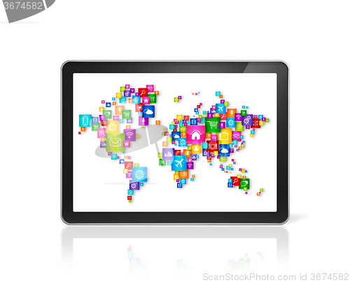 Image of World map made of icons on digital Tablet PC. Cloud computing co