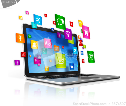 Image of Laptop Computer and flying apps icons on a white background