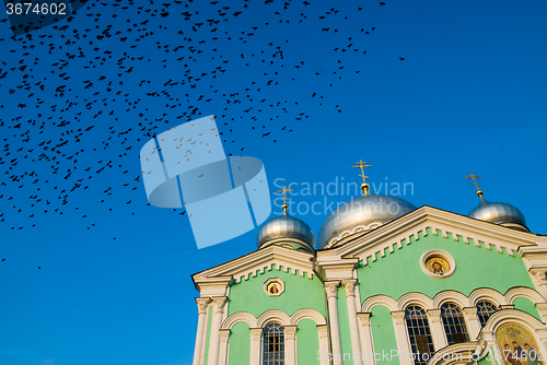 Image of Crows above Holy Trinity Cathedral. Diveevo.Russia