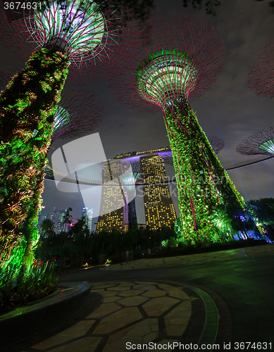 Image of Bold Green Lights from the Towers of Gardens by the Bay in Singa