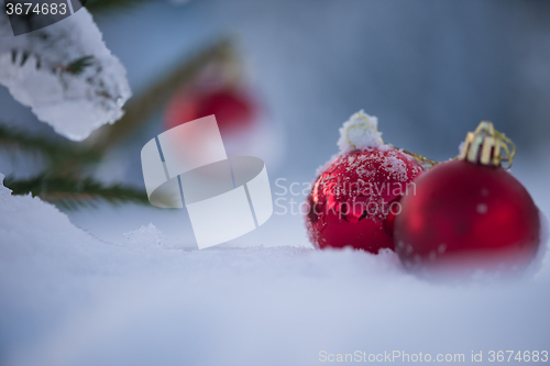 Image of red christmas balls in fresh snow