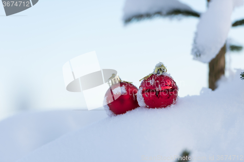 Image of red christmas balls in fresh snow