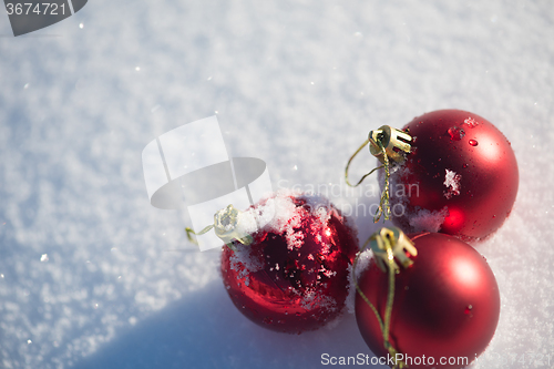 Image of red christmas ball in fresh snow