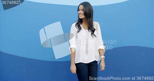 Image of Glamorous Young Woman Standing At The Wall