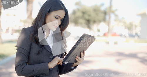 Image of Businesswoman Working With Tablet On Street