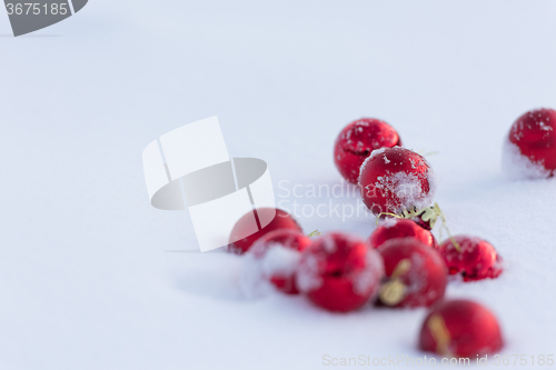 Image of red christmas balls in fresh snow