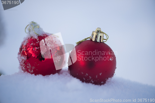 Image of red christmas balls in fresh snow