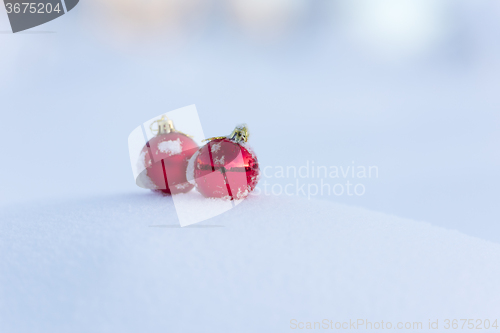 Image of red christmas balls in fresh snow