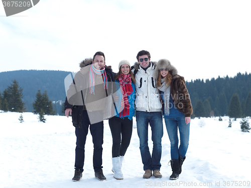 Image of group of friends have fun and relaxing on winter vacation