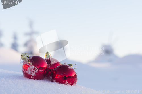 Image of red christmas ball in fresh snow