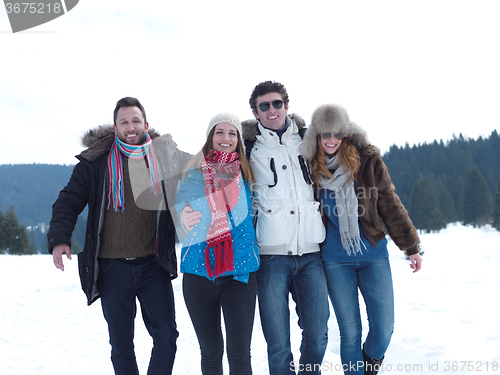 Image of group of friends have fun and relaxing on winter vacation