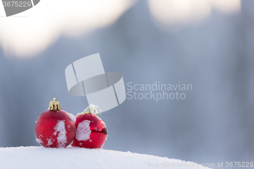 Image of red christmas balls in fresh snow