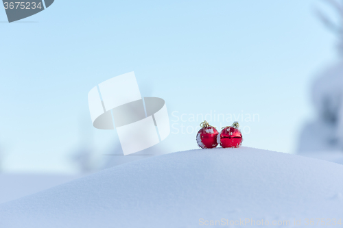 Image of red christmas balls in fresh snow