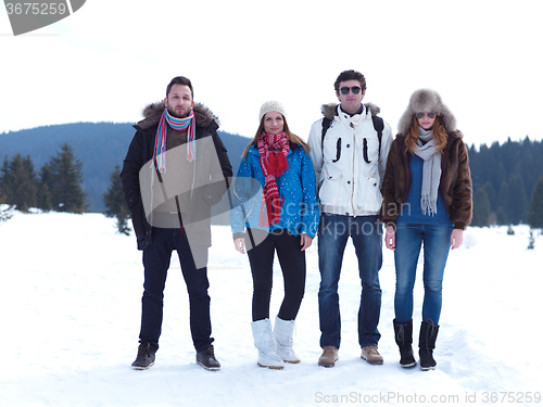 Image of group of friends have fun and relaxing on winter vacation