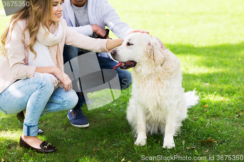 Image of close up of couple with labrador dog outdoors