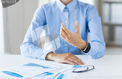 Image of close up of woman with transparent smartphone