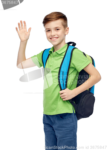 Image of happy student boy with school bag waving hand