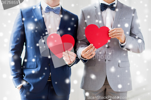 Image of close up of male gay couple holding red hearts