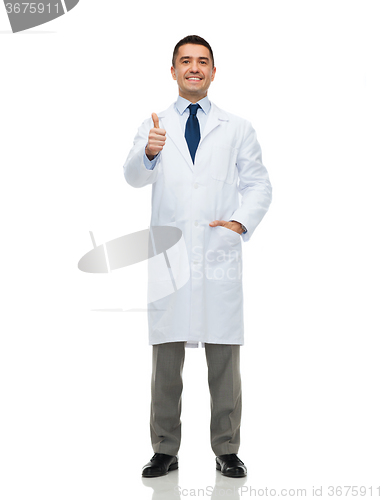 Image of smiling doctor in white coat showing thumbs up