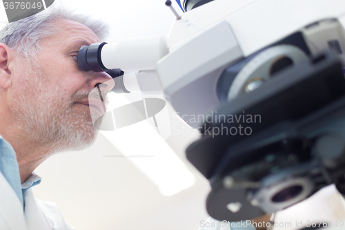 Image of Senior scientist  microscoping in lab.