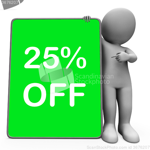 Image of Twenty Five Percent Off Tablet Character Means 25% Reduction Or 