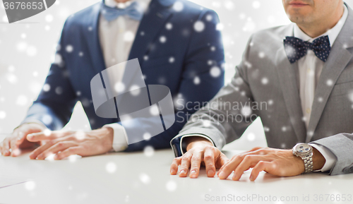Image of close up of happy male gay couple hands on wedding