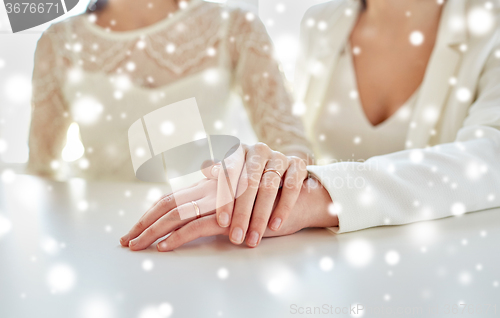 Image of close up of lesbian couple hands with rings