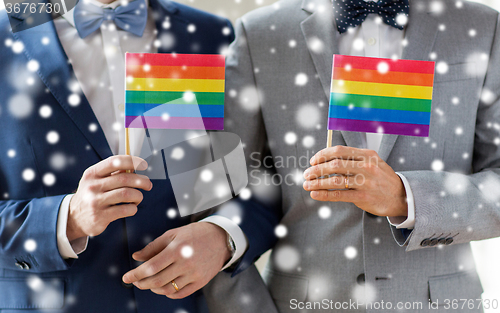 Image of close up of male gay couple holding rainbow flags