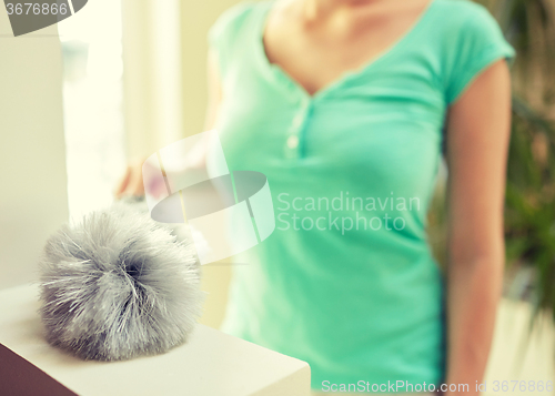 Image of close up of woman with duster cleaning at home