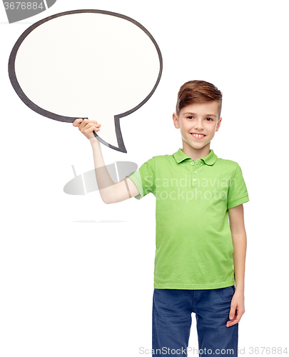 Image of happy boy holding blank white text bubble banner